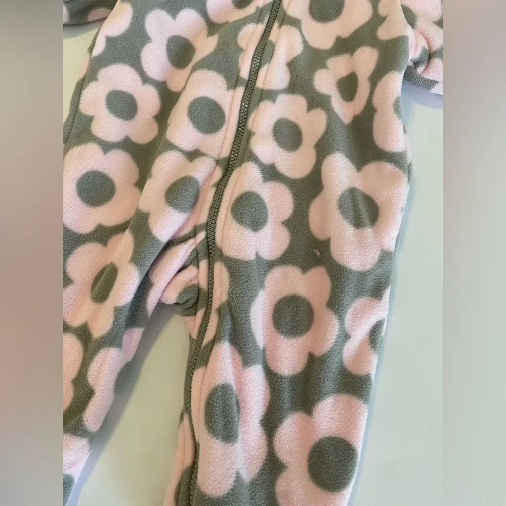 Pink and Gray Fleece Floral Baby Hooded Jumpsuit 3Months